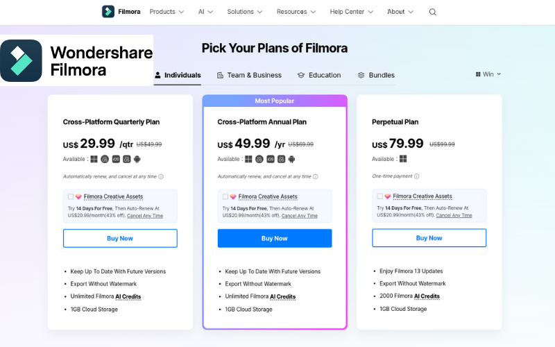 Wondershare Filmora Pricing and Plans